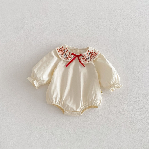 Spring and Autumn Infant Baby Girls Flowers Embroidered Long Sleeves One Piece Stylish Onesies Wholesale