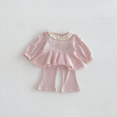 2026 Spring and Autumn Infant Baby Kids Girls Long Sleeves Tulle Design Top with Flared Pants Sets Wholesale