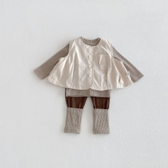 2026 Spring and Autumn Infant Baby Kids Girls Long Sleeves Solid Color Pullover, Color Patchwork Pants with Vest Sets Wholesale