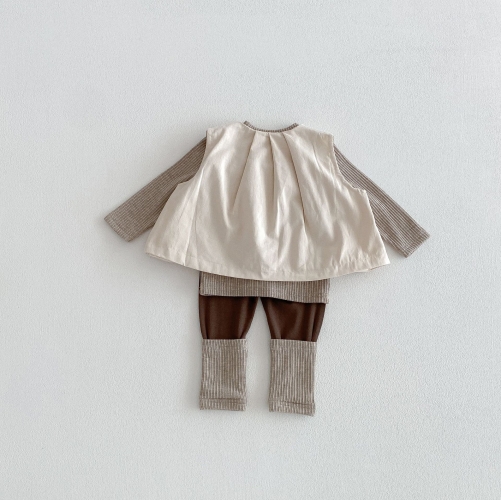 2026 Spring and Autumn Infant Baby Kids Girls Long Sleeves Solid Color Pullover, Color Patchwork Pants with Vest Sets Wholesale