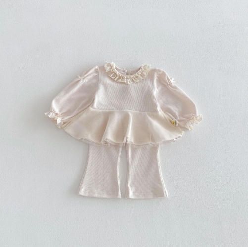 2026 Spring and Autumn Infant Baby Kids Girls Long Sleeves Tulle Design Top with Flared Pants Sets Wholesale