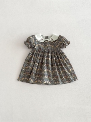 Summer Infant Baby Girls Short Sleeves Peter Pan Collar Vintage Floral One Piece Dress Wholesale