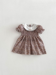 Summer Infant Baby Girls Short Sleeves Crew Neck Vintage Floral One Piece Dress Wholesale