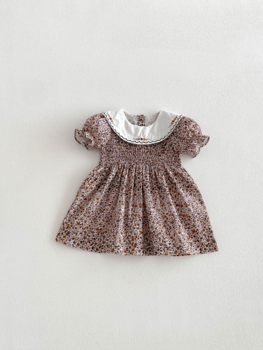 Summer Infant Baby Girls Short Sleeves Crew Neck Vintage Floral One Piece Dress Wholesale