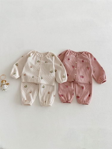 2026 Spring Infant Baby Kids Girls Long Sleeves Fruits Pattern Waffle Grid Top with Pants Sets Wholesale