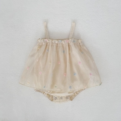 Summer Infant Baby Girls Colorful Flowers Pattern Sleeveless One Piece Stylish Tulle Decorated Onesies Wholesale
