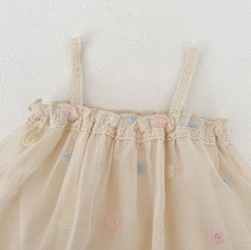 Summer Infant Baby Girls Colorful Flowers Pattern Sleeveless One Piece Stylish Tulle Decorated Onesies Wholesale