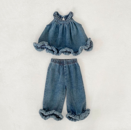 2026 Summer Infant Baby Kids Girls Sleeveless Denim Top Vest with Jeans Sets Wholesale