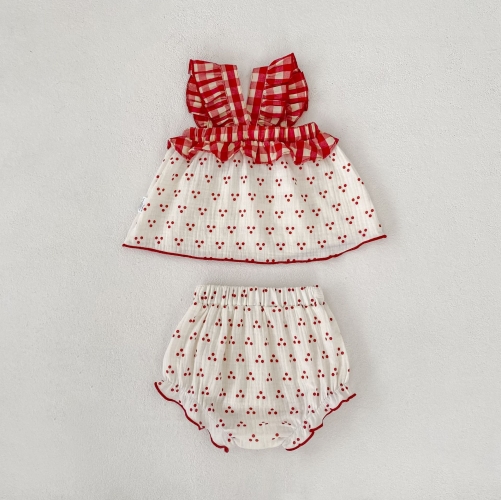 2026 Summer Infant Baby Kids Girls Sleeveless Cherry Pattern Top Vest with Bloomers Sets Wholesale