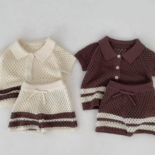 2026 Summer Infant Baby Kids Boys and Girls Short Sleeves Top with Shorts Hollow-out Sets Wholesale