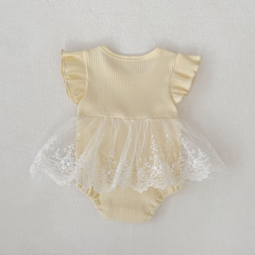 Summer Infant Baby Girls Flowers Pattern Tulle Decorated Fly Sleeves One Piece Stylish Onesies Wholesale