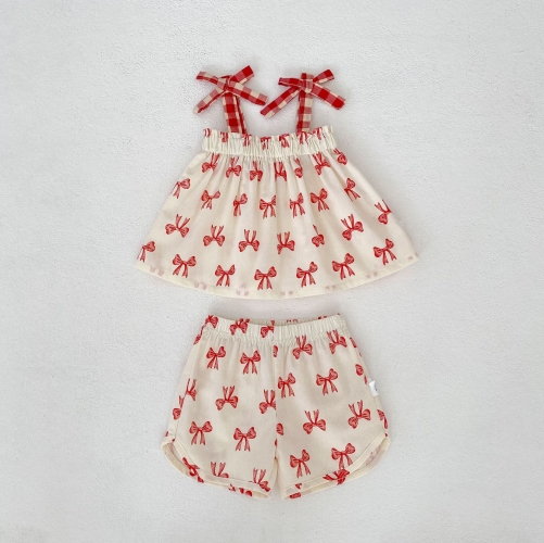 2026 Summer Infant Baby Kids Girls Sleeveless Butterfly-bows Pattern Top Vest with Shorts Sets Wholesale