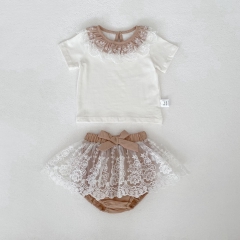 2026 Summer Infant Baby Kids Girls Short Sleeves Flowers Pattern Lace Trim Top with Shorts Sets Wholesale
