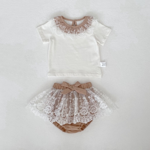 2026 Summer Infant Baby Kids Girls Short Sleeves Flowers Pattern Lace Trim Top with Shorts Sets Wholesale