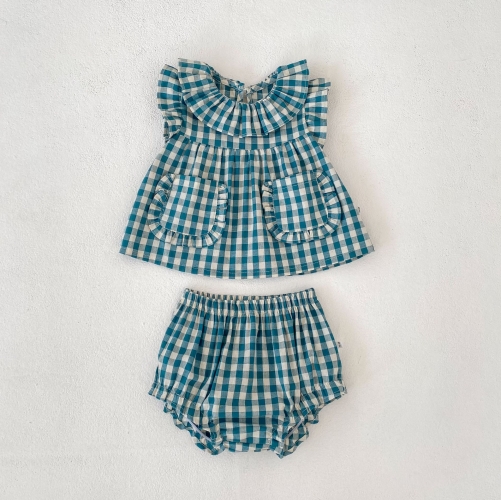 2026 Summer Infant Baby Kids Girls Sleeveless Plaid Pattern Top Vest with Shorts Sets Wholesale