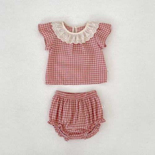 2026 Summer Infant Baby Kids Girls Short Sleeves Plaid Pattern Top with Shorts Sets Wholesale
