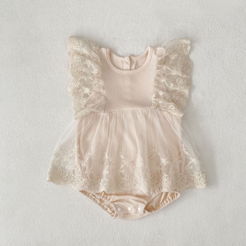 Summer Infant Baby Girls Flowers Pattern Tulle Decorated Fly Sleeves One Piece Stylish Onesies Wholesale