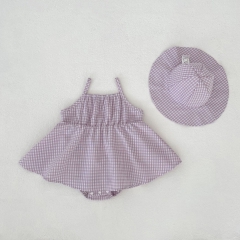 2026 Summer Infant Baby Kids Girls Sleeveless Plaid Pattern Onesies with Hat Sets Wholesale