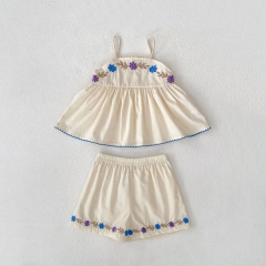 2026 Summer Infant Baby Kids Girls Sleeveless Flowers Embroidered Top Vest with Shorts Sets Wholesale