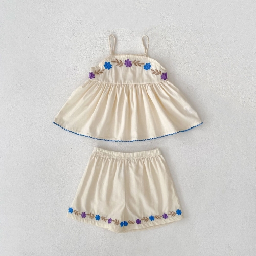 2026 Summer Infant Baby Kids Girls Sleeveless Flowers Embroidered Top Vest with Shorts Sets Wholesale