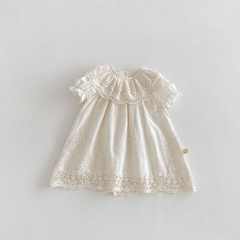 Summer Infant Baby Girls Cute Flowers Pattern Short Sleeves Lace Trim One Piece Stylish Dress Wholesale