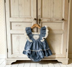 Summer Infant Baby Girls Color Patchwork Lace Trim Short Sleeves One Piece Stylish Onesies Wholesale