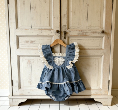 Summer Infant Baby Girls Color Patchwork Lace Trim Short Sleeves One Piece Stylish Onesies Wholesale