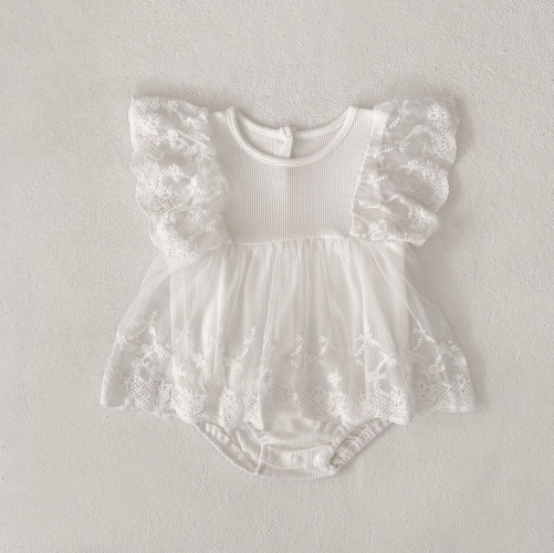 Summer Infant Baby Girls Plain Lace Trim Fly Sleeves One Piece Stylish Onesies Wholesale