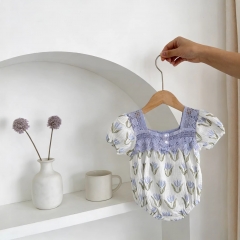 Summer Infant Baby Girls Color Patchwork Lace Trim Short Sleeves One Piece Stylish Onesies Wholesale