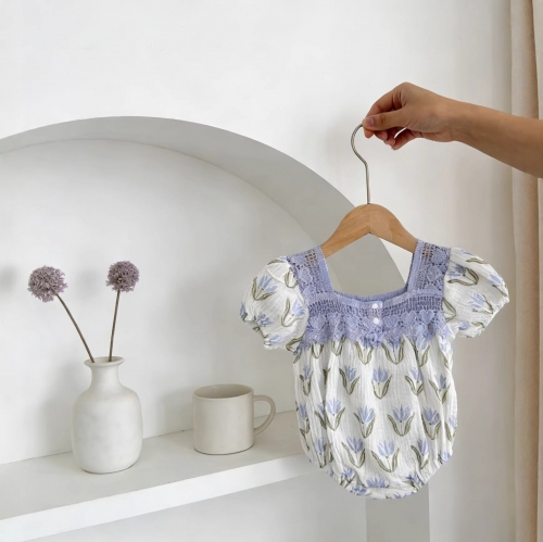 Summer Infant Baby Girls Color Patchwork Lace Trim Short Sleeves One Piece Stylish Onesies Wholesale