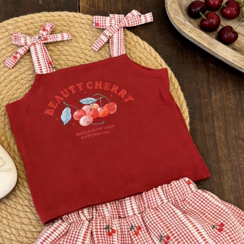 2026 Summer Infant Baby Kids Girls Sleeveless Cherry Top Vest with Plaid Shorts Sets Wholesale