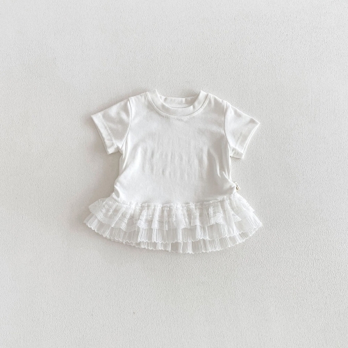 New Arrival Summer Infant Baby Girls Lace Trim Tulle Patchwork Short Sleeves Top Wholesale