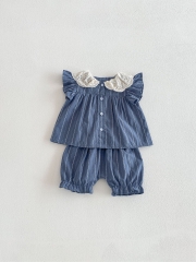 2026 Summer Infant Baby Kids Girls Fly Sleeves Turn-down Collar Top with Shorts Striped Sets Wholesale