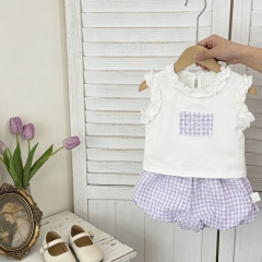 2026 Summer Infant Baby Kids Girls Sleeveless Plaid Pattern Top Vest with Shorts Sets Wholesale