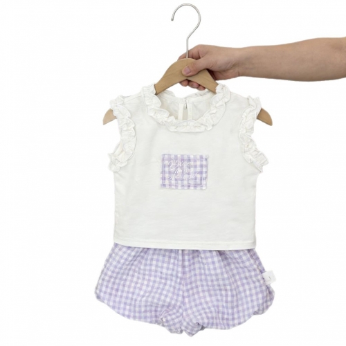 2026 Summer Infant Baby Kids Girls Sleeveless Plaid Pattern Top Vest with Shorts Sets Wholesale