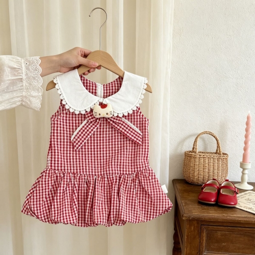 Summer Infant Baby Girls Cute Plaid and Cartoon Toy Pattern Sleeveless One Piece Dress Wholesale