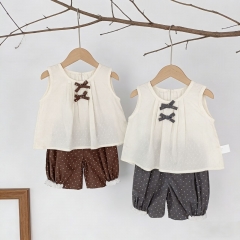 2026 Summer Infant Baby Kids Girls Sleeveless Butterfly-bows Pattern Top Vest with Dots Pattern Shorts Sets Wholesale