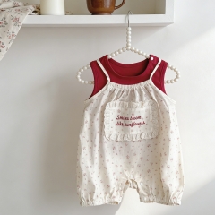 2026 Summer Infant Baby Kids Girls Sleeveless Red Top Vest with Floral Overalls Sets Wholesale