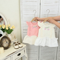 Summer Infant Baby Girls Plaid Cherry Toy Pattern Fly Sleeves One Piece Dress Wholesale