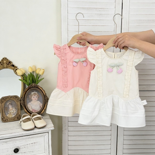 Summer Infant Baby Girls Plaid Cherry Toy Pattern Fly Sleeves One Piece Dress Wholesale