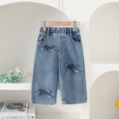 Infant Baby Kids Girls One Piece Solid Color Butterfly-bows Decorated Denim Pants in Summer Wholesale