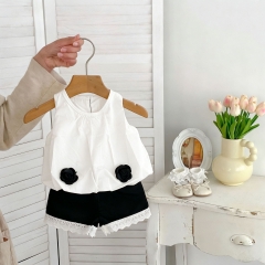 2026 Summer Infant Baby Kids Girls Sleeveless Flowers Pattern Top Vest with Lace Trim Shorts Sets Wholesale
