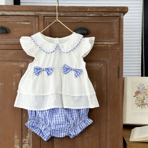 2026 Summer Infant Baby Kids Girls Fly Sleeves Plaid Pattern Top Vest with Shorts Sets Wholesale