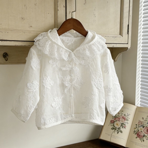 New Arrival Summer Infant Baby Girls Lace Trim Flowers Embroidered Long Sleeves Thin Top Wholesale
