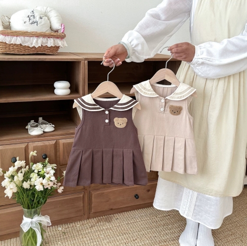 Summer Infant Baby Girls Teddy Bear Pattern Sleeveless One Piece Stylish Dress Wholesale