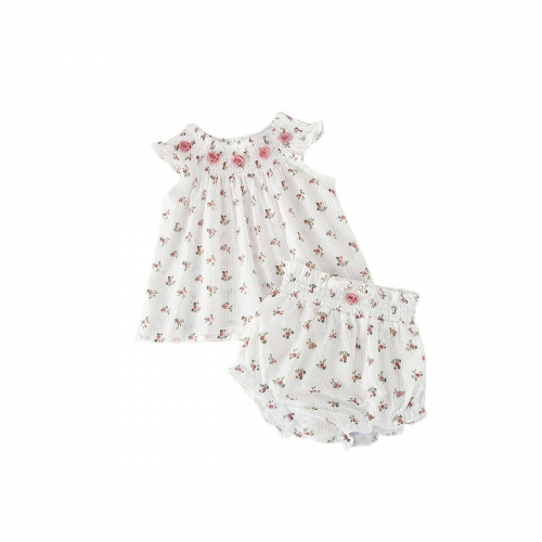 2026 Summer Infant Baby Kids Girls Sleeveless Beige Top Vest with Floral Shorts Sets Wholesale