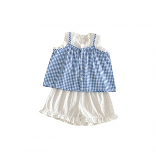 2026 Summer Infant Baby Kids Girls Sleeveless Color Patchwork Top Vest with Plain Shorts Sets Wholesale