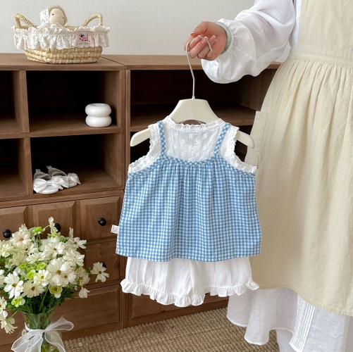 2026 Summer Infant Baby Kids Girls Sleeveless Color Patchwork Top Vest with Plain Shorts Sets Wholesale