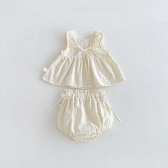 2026 Summer Infant Baby Kids Girls Sleeveless Cute Solid Color Top Vest with Plaid Pattern Bloomers Sets Wholesale