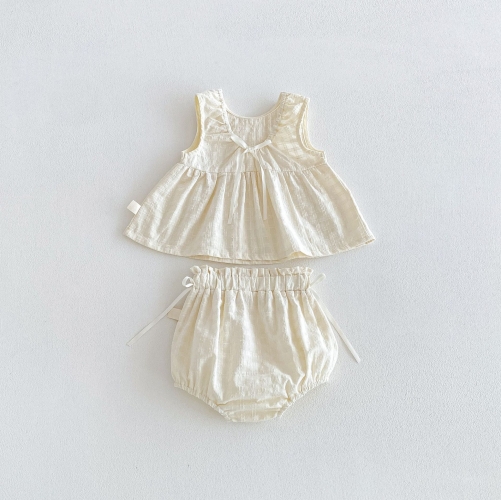 2026 Summer Infant Baby Kids Girls Sleeveless Cute Solid Color Top Vest with Plaid Pattern Bloomers Sets Wholesale